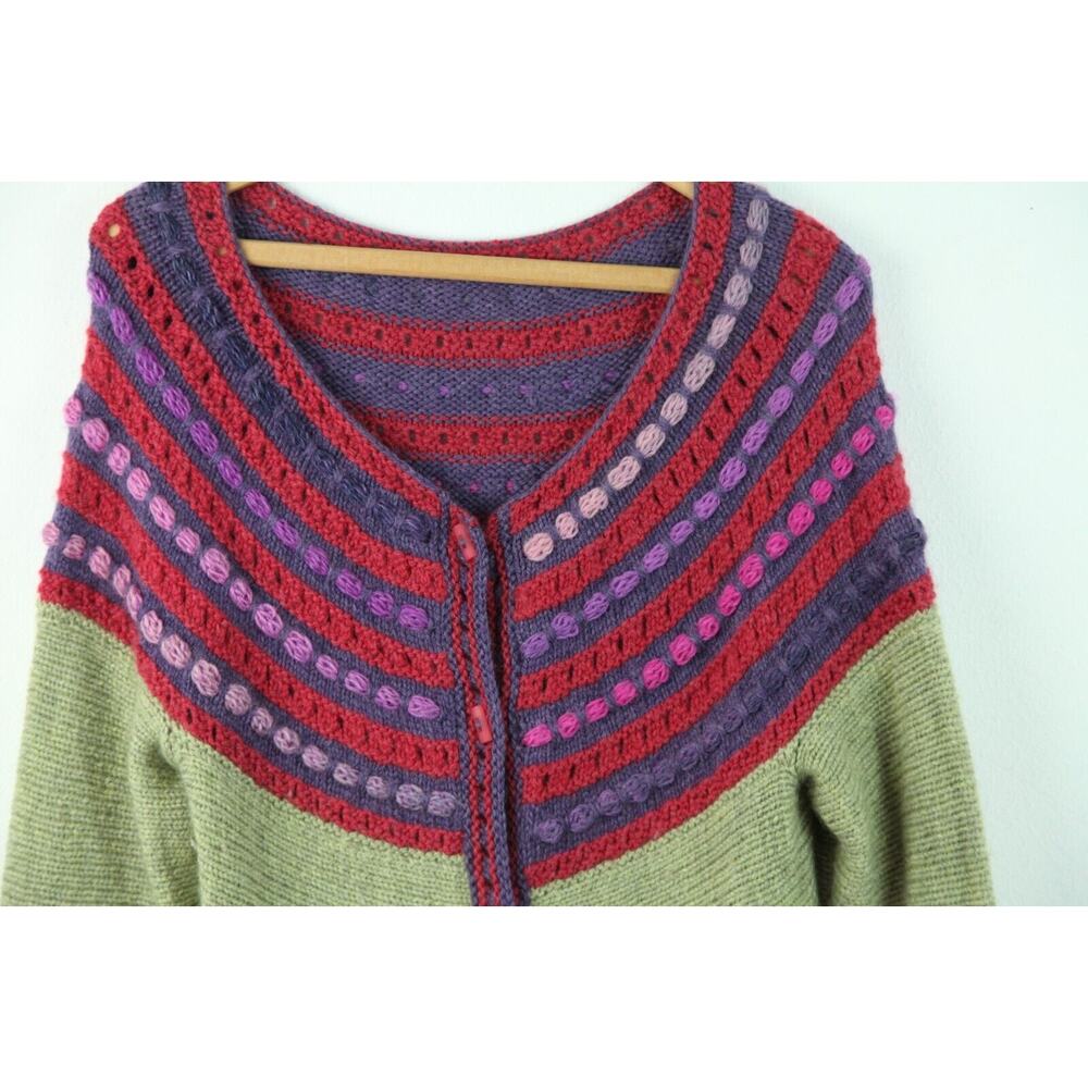 Handmade Knit Wool Cardigan Sweater Art to Wear Green Purple XS S Cottagecore - Picture 2 of 11